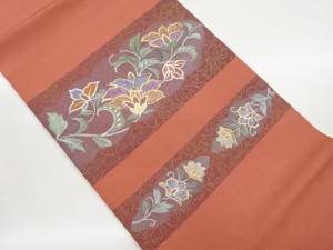 塩瀬　金彩手描き横段に花唐草模様開き名古屋帯(額縁仕立て)